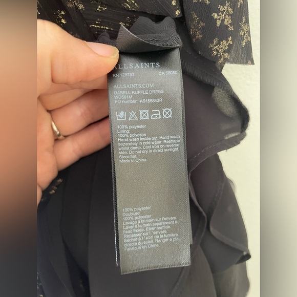 AllSaints Darell Black Gold Ruffle Dress Metallic UK 10 US 6 Babydoll Women’s - Picture 9 of 11